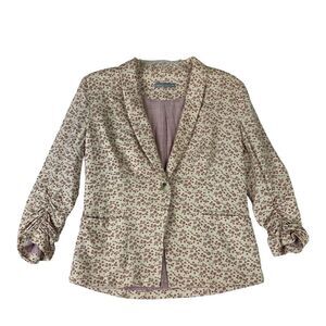 Olivia Moon Blazer Womens Medium Ivory‎ Pink Floral Ruched Sleeves Lined Jacket